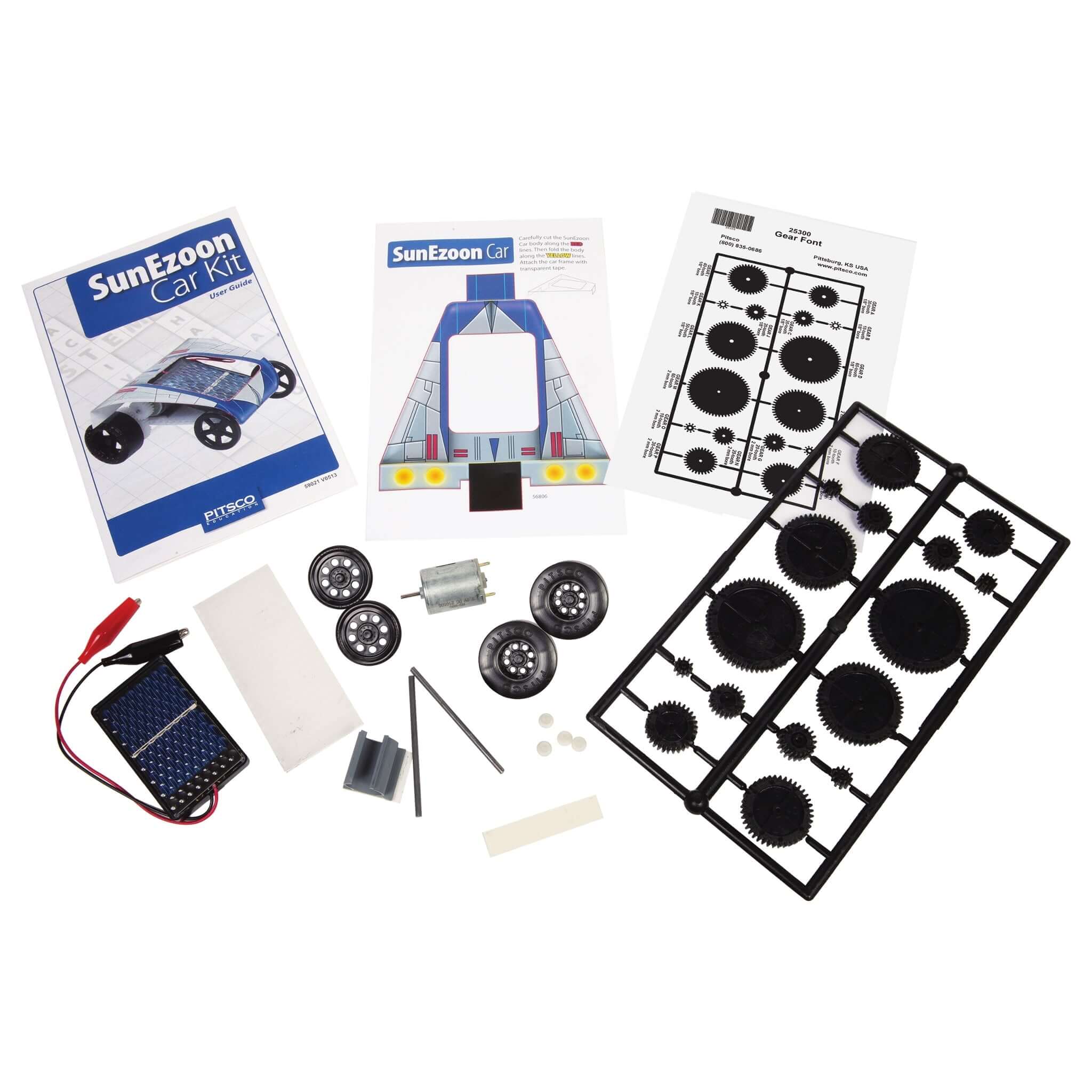 SunEzoon solar car kit components, including instructions, solar panel, wheels, and gears for easy assembly.
