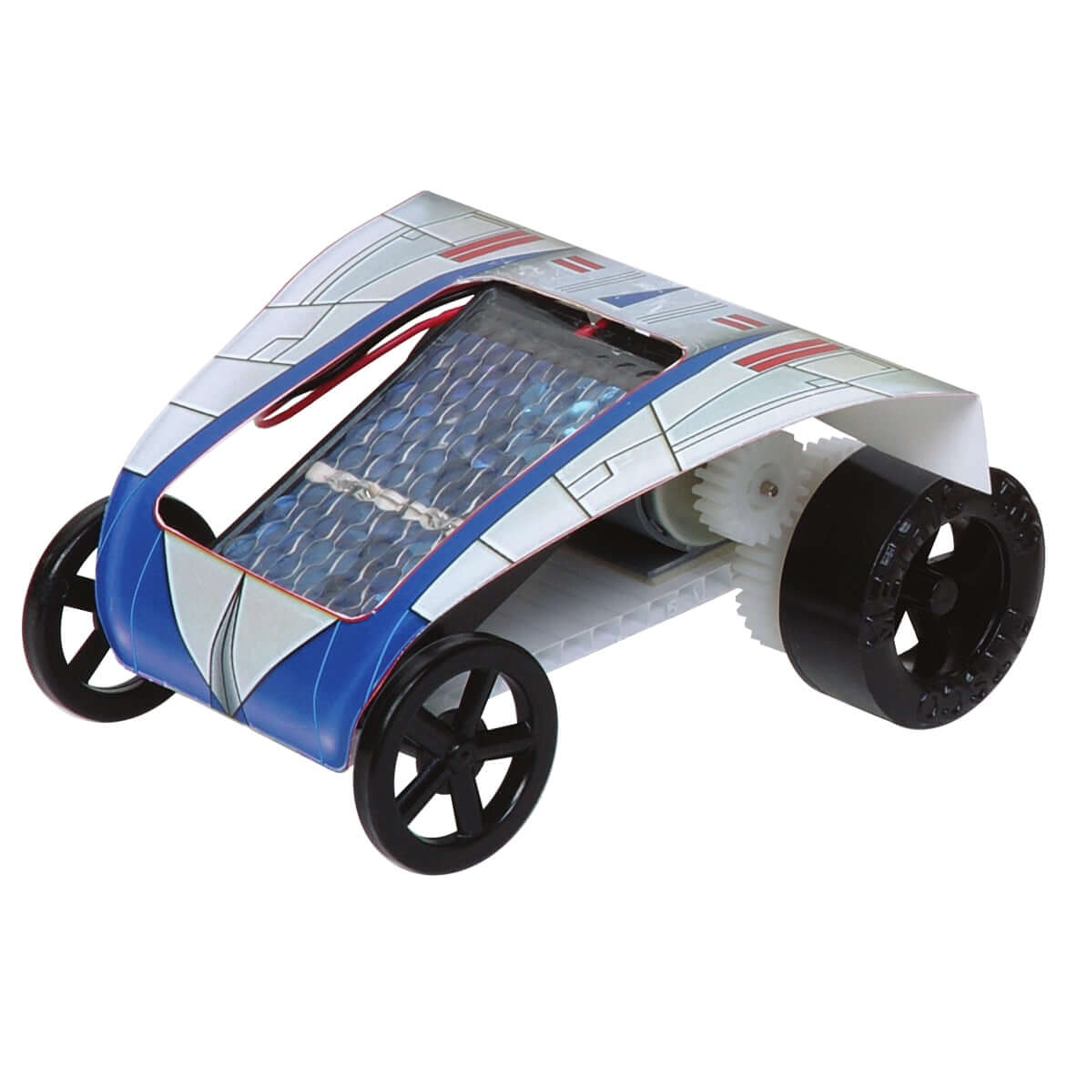 Sunezoon solar car kit in blue design, featuring solar panel and wheels, easy assembly for educational solar energy projects.