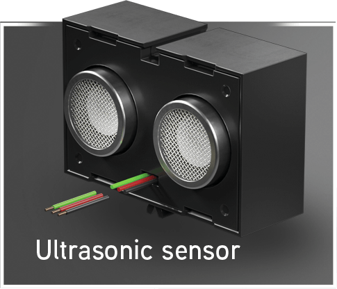 Ultrasonic sensor for robotics projects, featuring dual detection capabilities and wiring for easy connectivity.