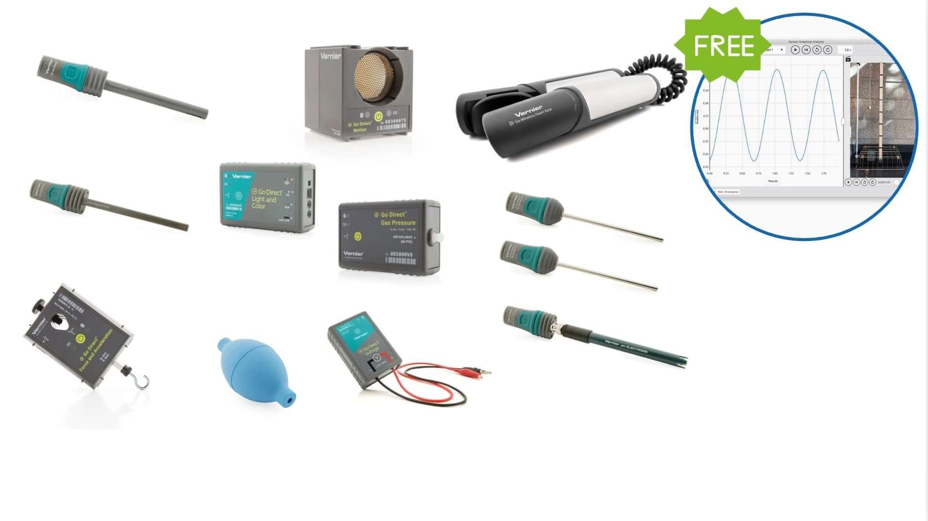 Vernier Secondary School Science Kit with FREE 1 year Graphical Analysis Pro and FREE E-Learning Guide components and tools.