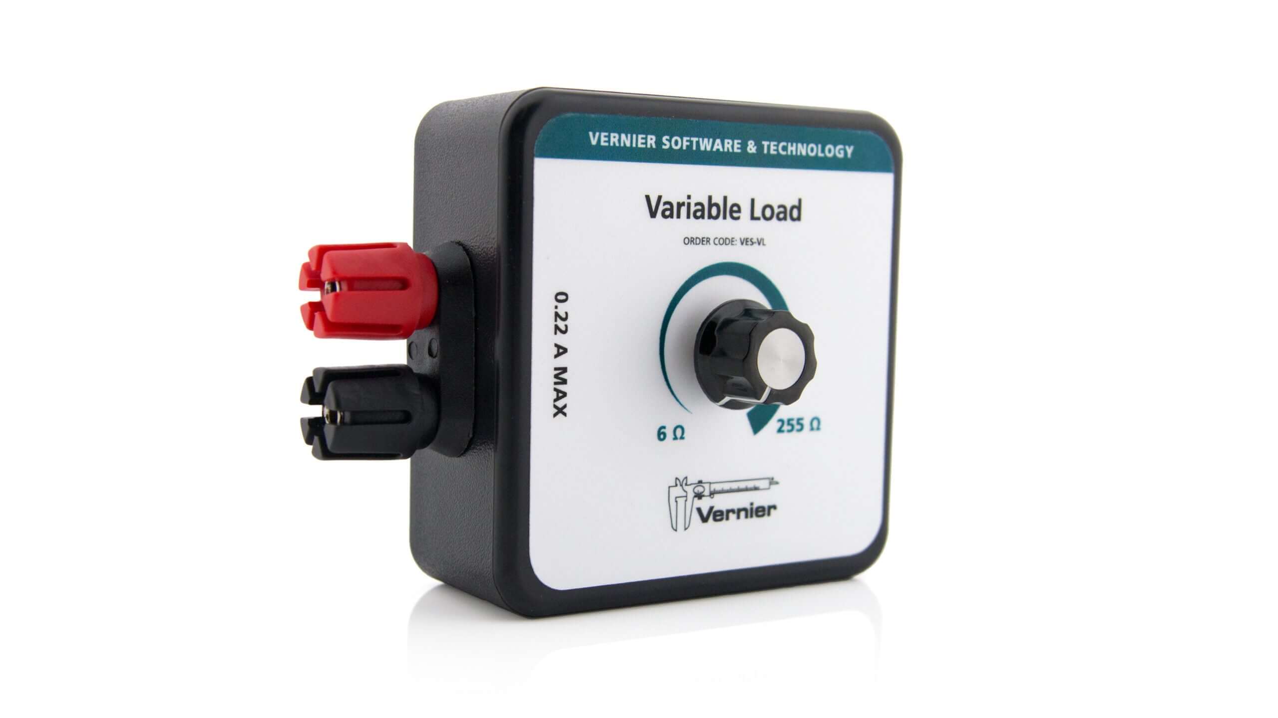 Vernier Variable Load device with adjustable potentiometer for resistances between 6 and 255 Ω, ideal for educational use.