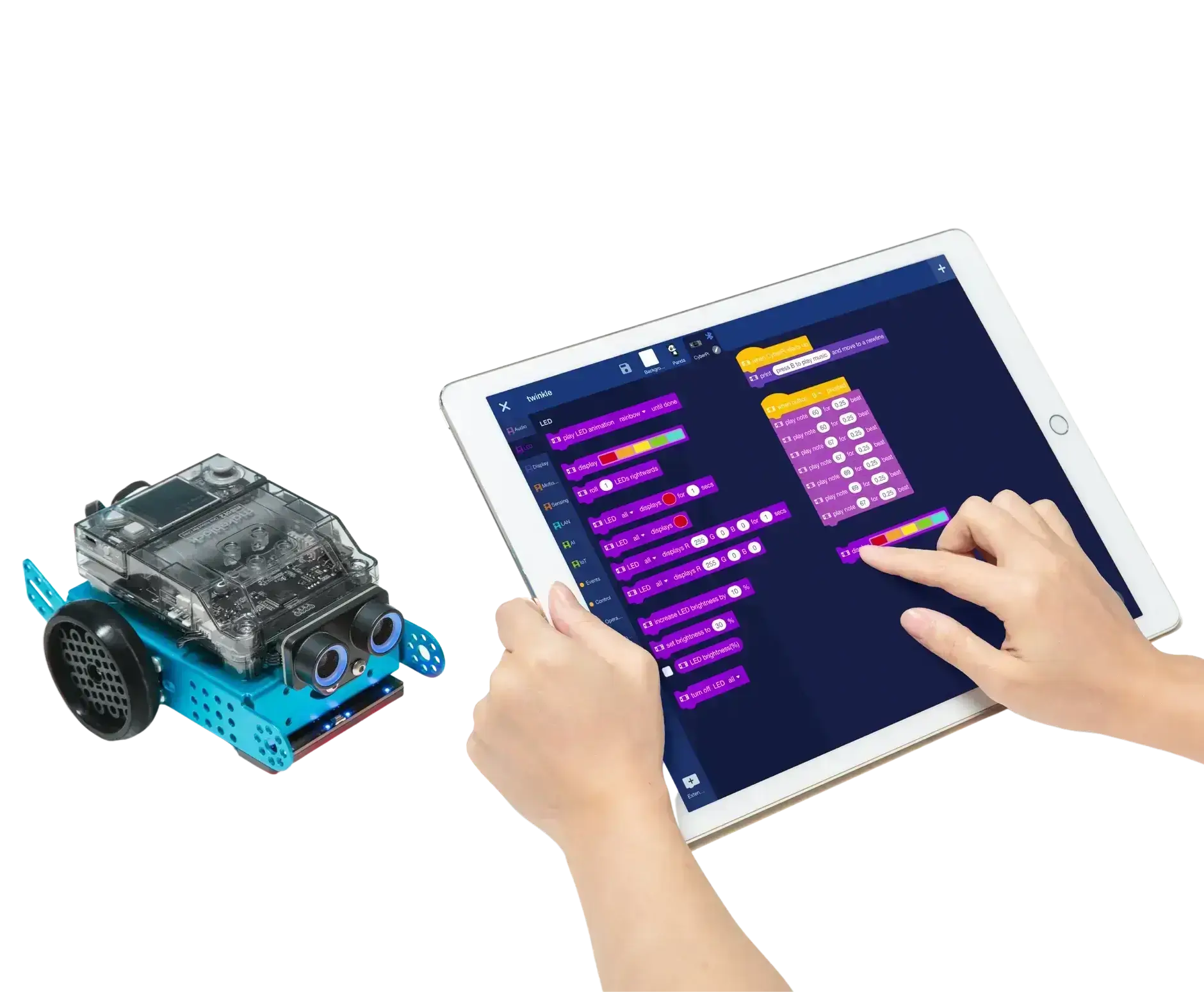 Hands coding a robot using a tablet, showcasing programming and robotics in an educational setting.
