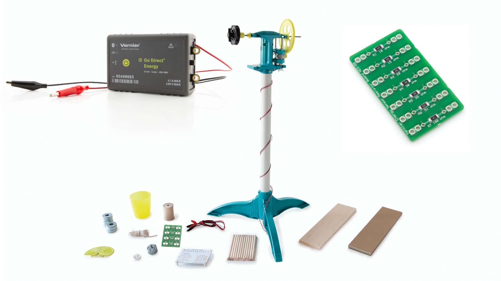 Wind Energy Explorations Go Direct® Single Pack components including turbine, sensors, and lab materials for student learning.