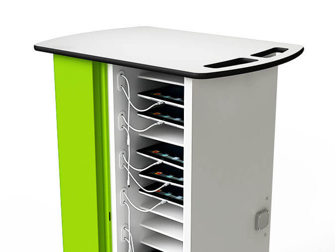 Compact zioxi iPad charging trolley holding 16 devices securely with charging cables organized for easy access.