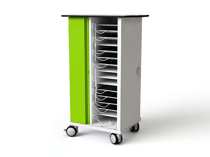 zioxi iPad charging trolley for 16 iPads, featuring a compact design and mobility on wheels.