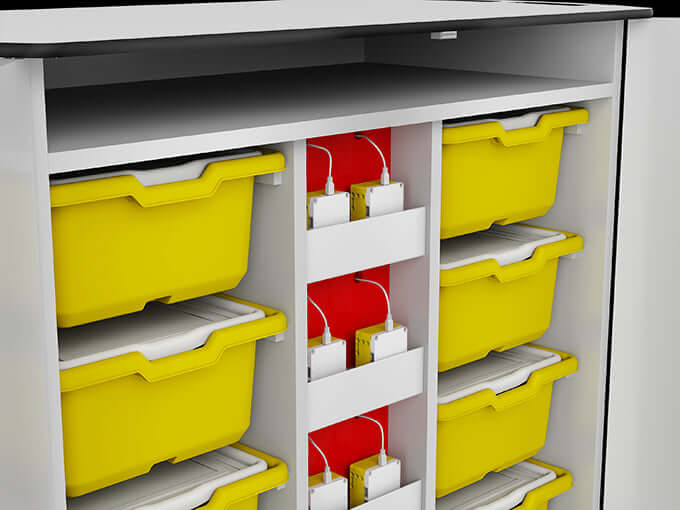 Interior view of zioxi LEGO® SPIKE Charging Trolley showing yellow storage bins and charging slots for programmable bricks.