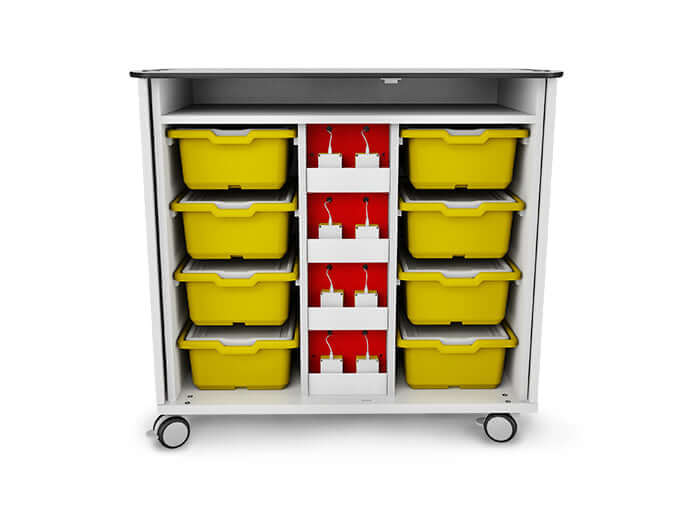 Zioxi LEGO SPIKE Charging trolley with yellow trays and charging compartments for programmable bricks.