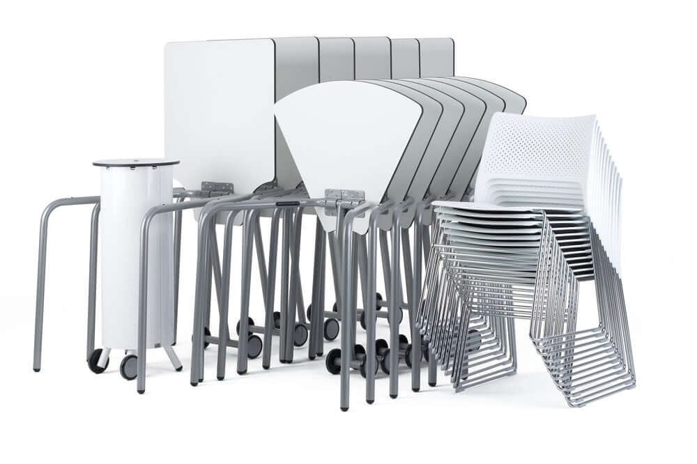 Zioxi t41 180° individual student tables and chairs stacked for efficient classroom storage and mobility.