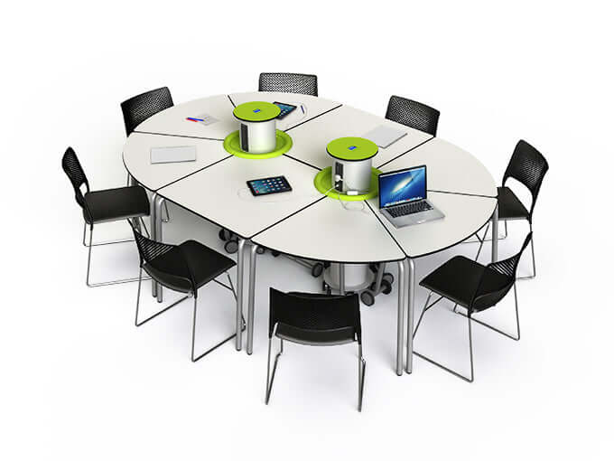 Zioxi T41 individual student table with wheels, power hub, and eight surrounding chairs for adaptable learning.