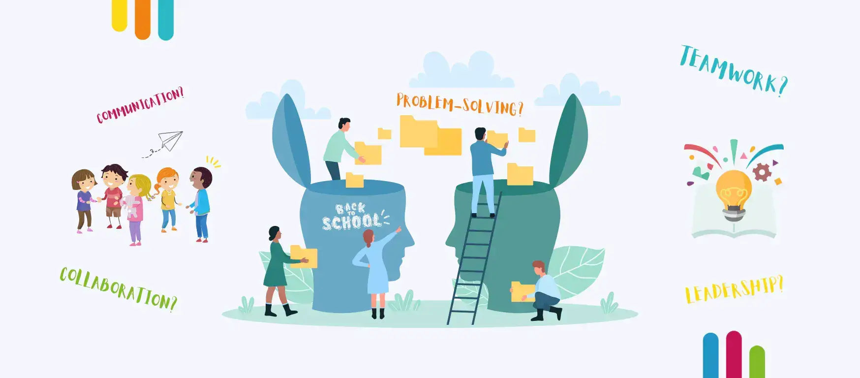Illustration showing teamwork, problem-solving, and collaboration for back-to-school skills in education.
