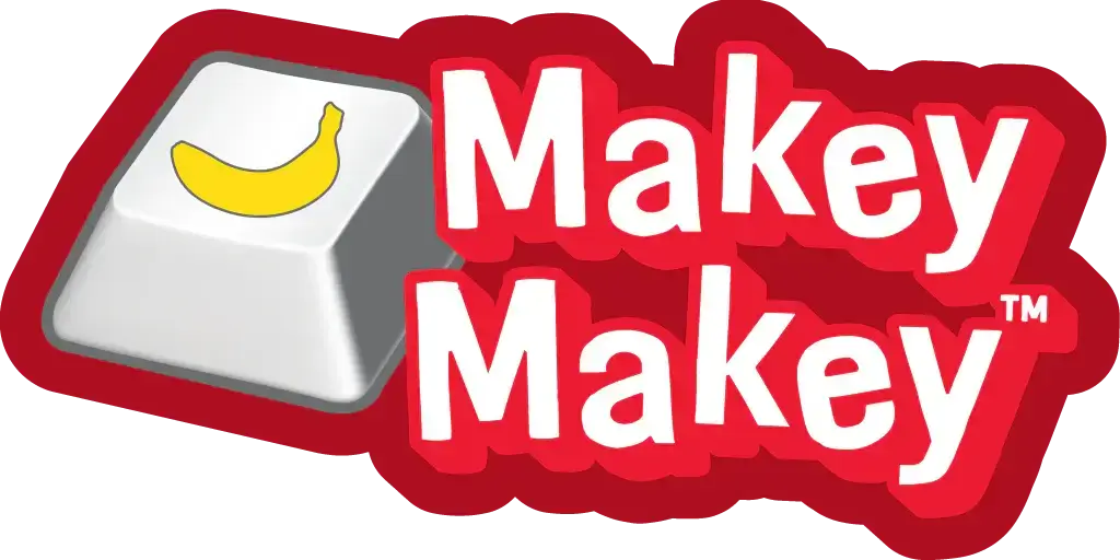 Makey Makey logo featuring a banana graphic on a keyboard key, vibrant red background.