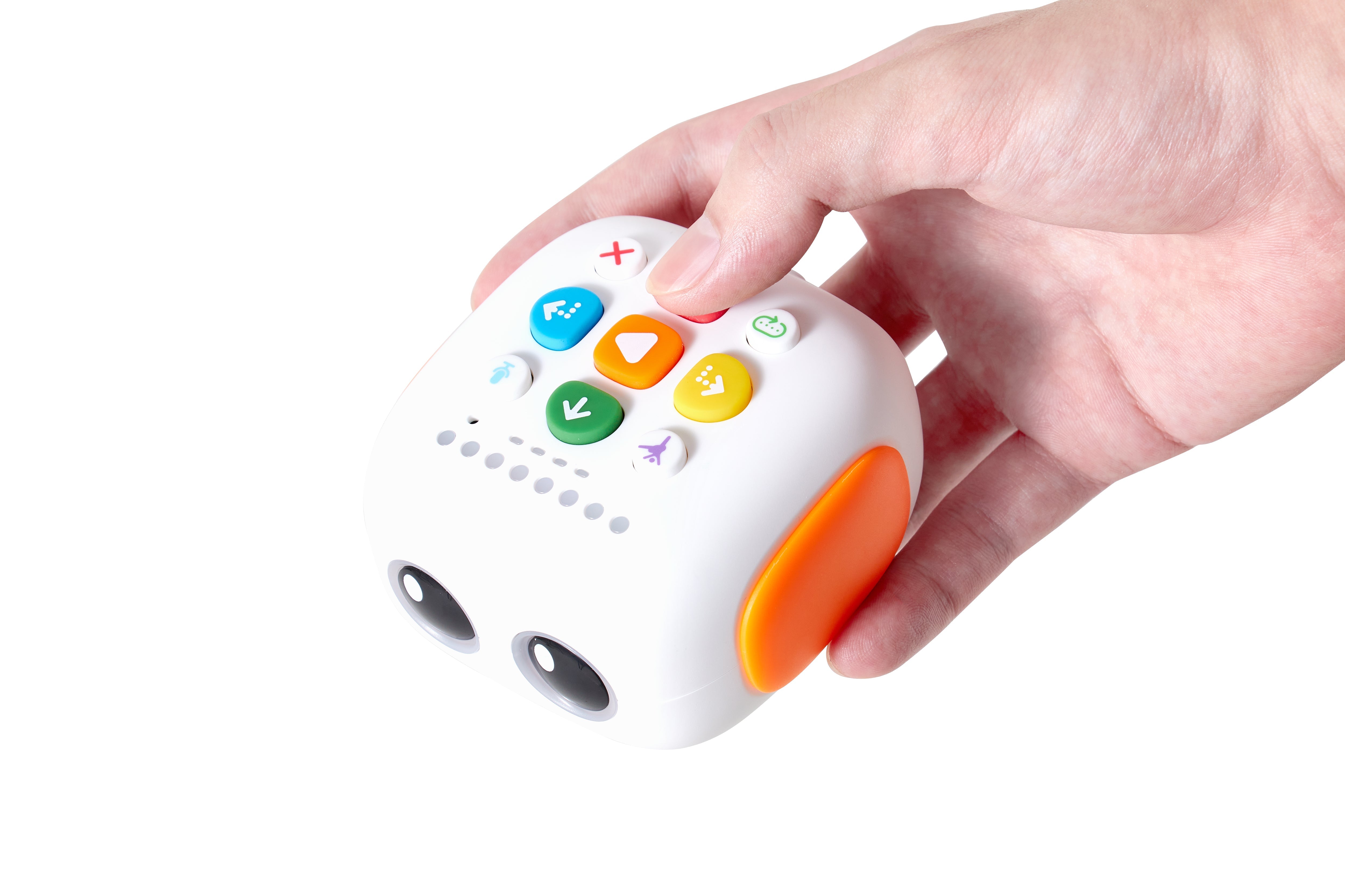 Child's hand holding Matatalab Tale-Bot Coding Robot, featuring colorful buttons for coding and storytelling.