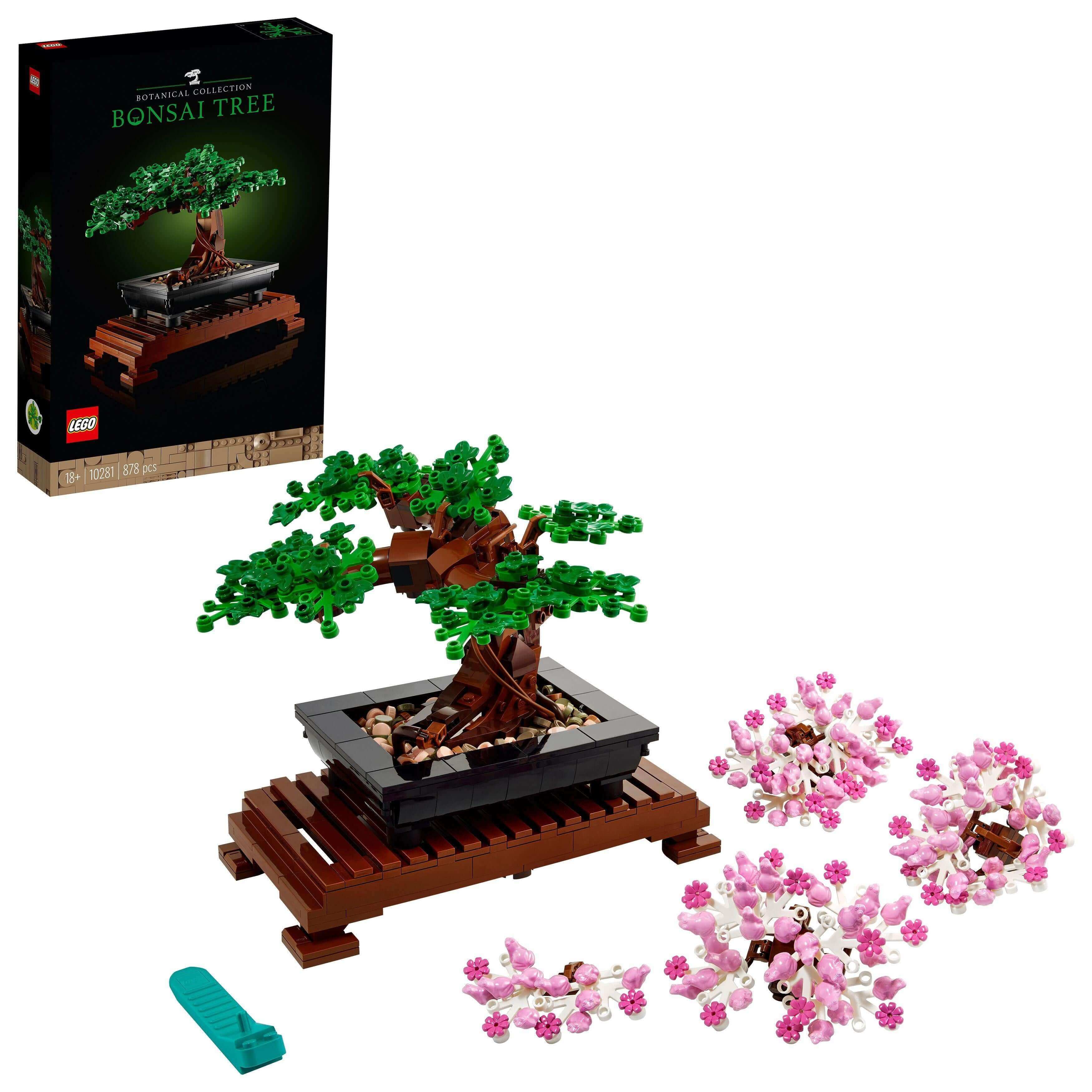 LEGO® Bonsai Tree Building Set 10281 with interchangeable green leaves and pink blossoms in decorative pot.
