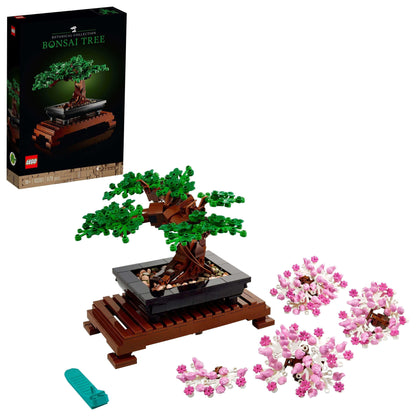 LEGO® Bonsai Tree Building Set 10281 with interchangeable green leaves and pink blossoms in decorative pot.