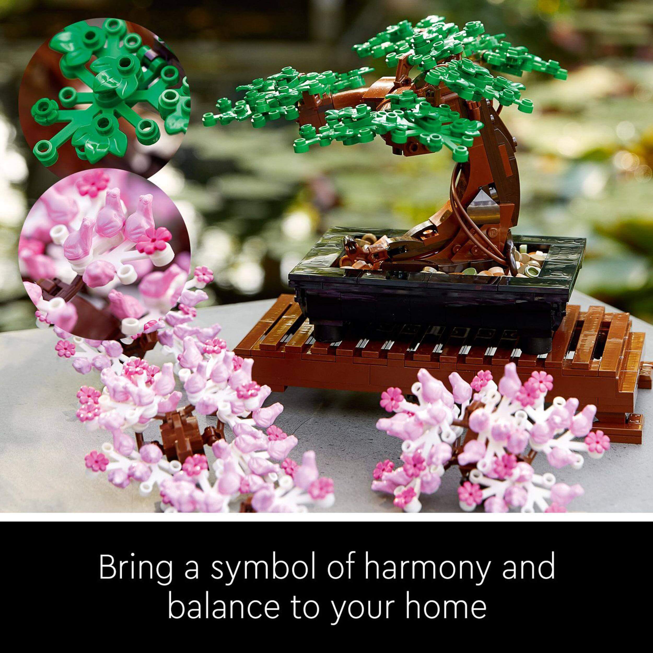 Build the LEGO® Bonsai Tree 10281 with green leaves and pink blossoms, a perfect symbol of harmony for your home.