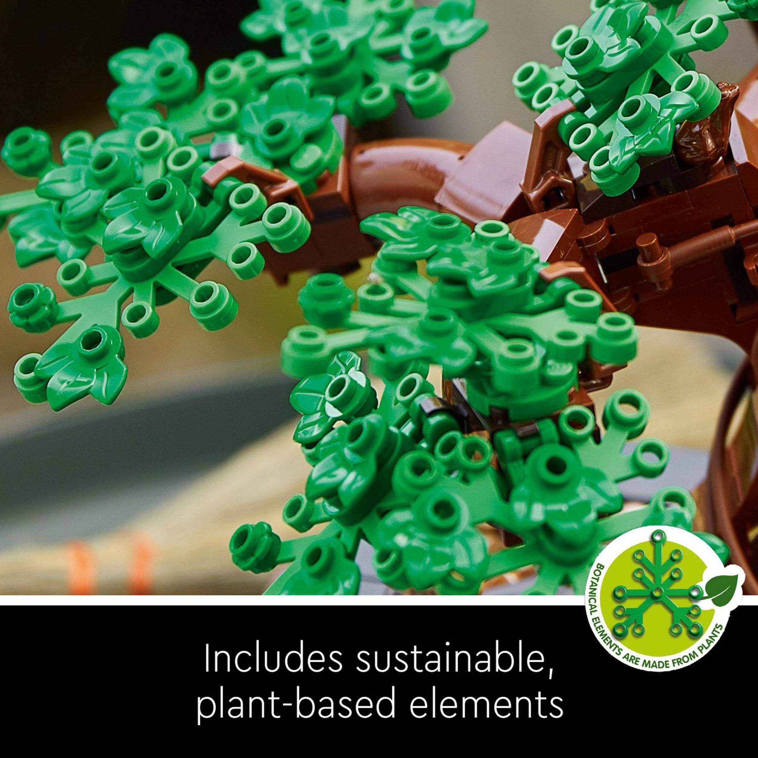 Close-up of LEGO® Bonsai Tree model featuring sustainable, plant-based elements and vibrant green leaves.