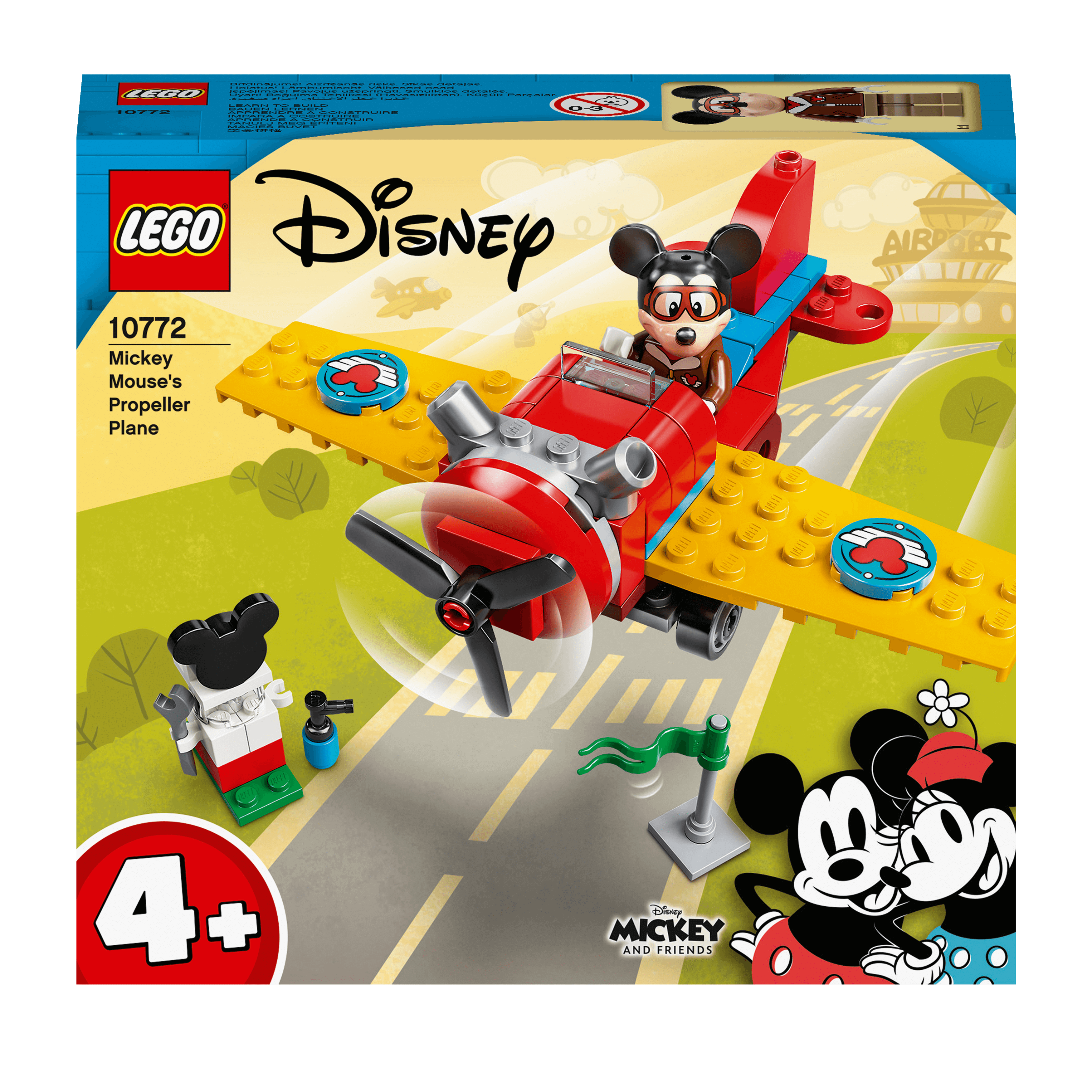 LEGO Disney 10772 Mickey Mouse Plane Set with propeller, tool cart, and Mickey Mouse minifigure for kids.