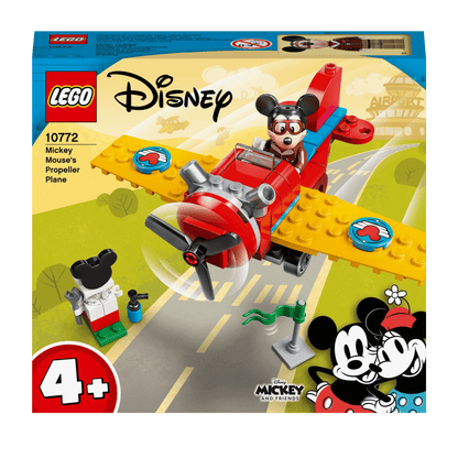 LEGO Disney 10772 Mickey Mouse Plane Set with propeller, tool cart, and Mickey Mouse minifigure for kids.