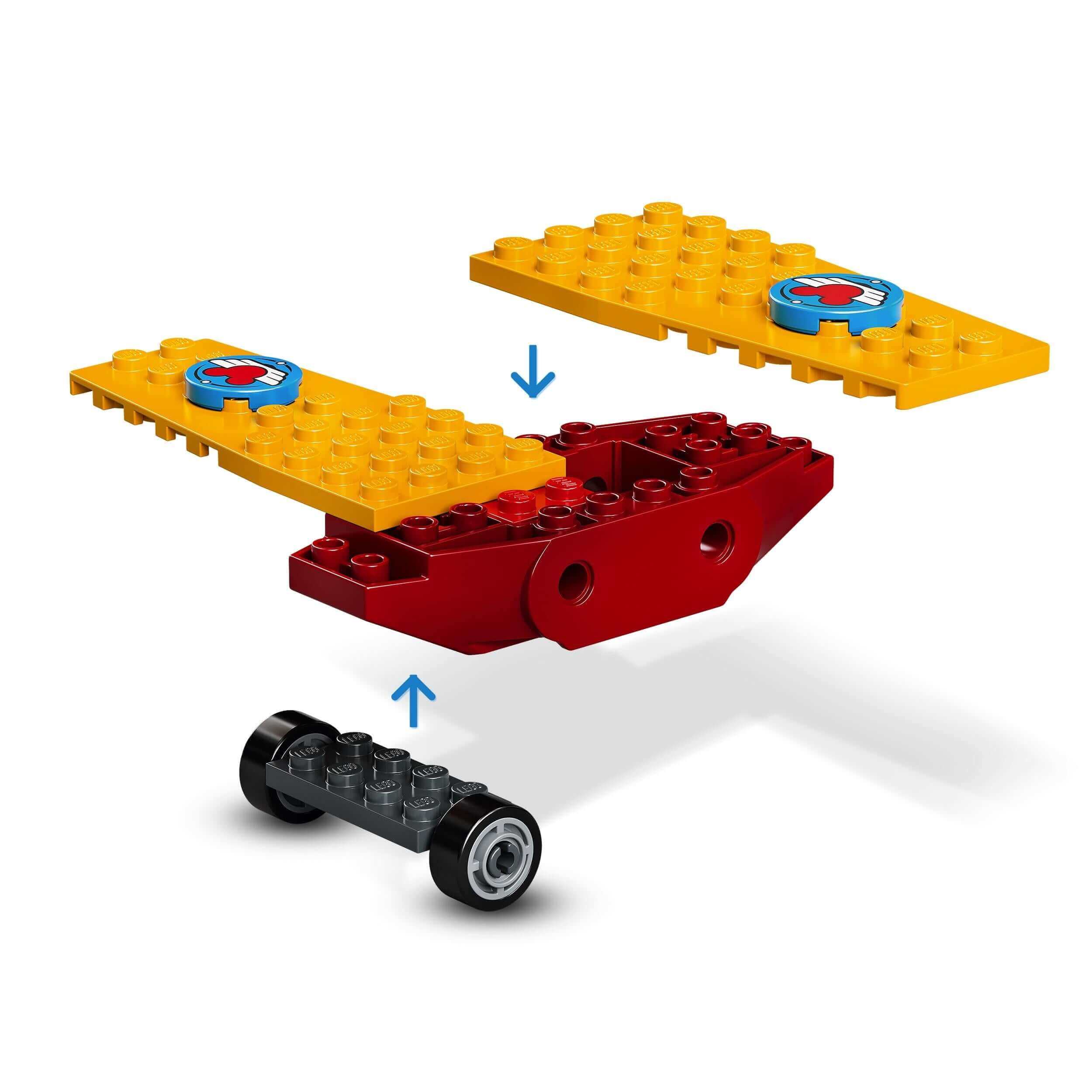 LEGO Disney Mickey Mouse Plane Set 10772 building components with colorful blocks and wheels for kids.