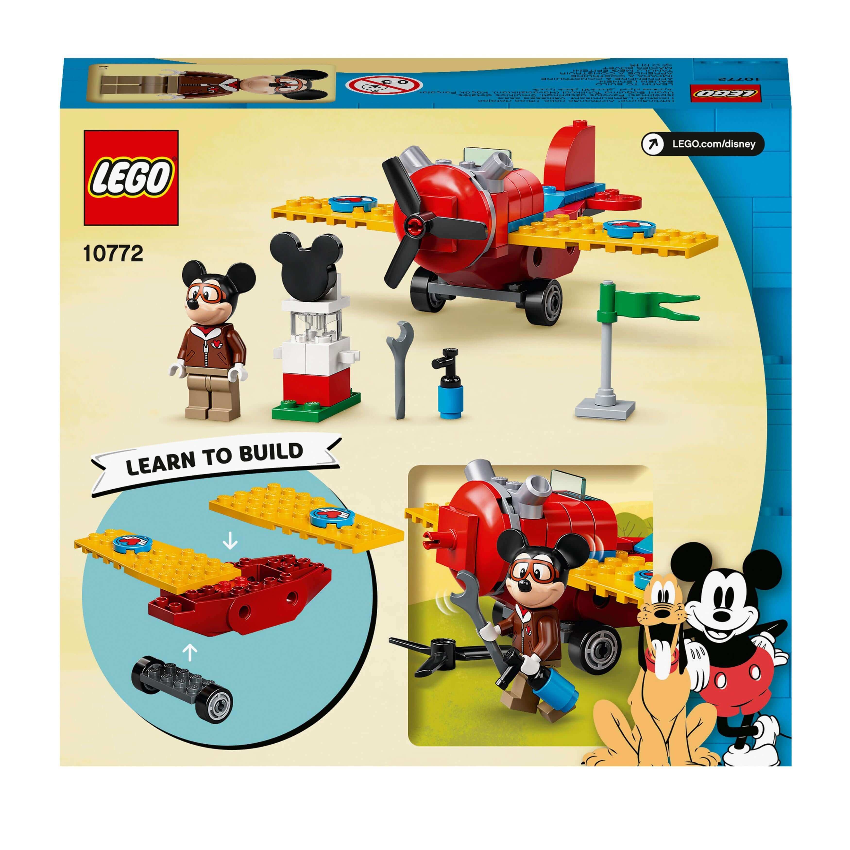 LEGO Disney Mickey Mouse Plane Set 10772 featuring a plane, tool cart, and Mickey minifigure for kids' playtime fun.