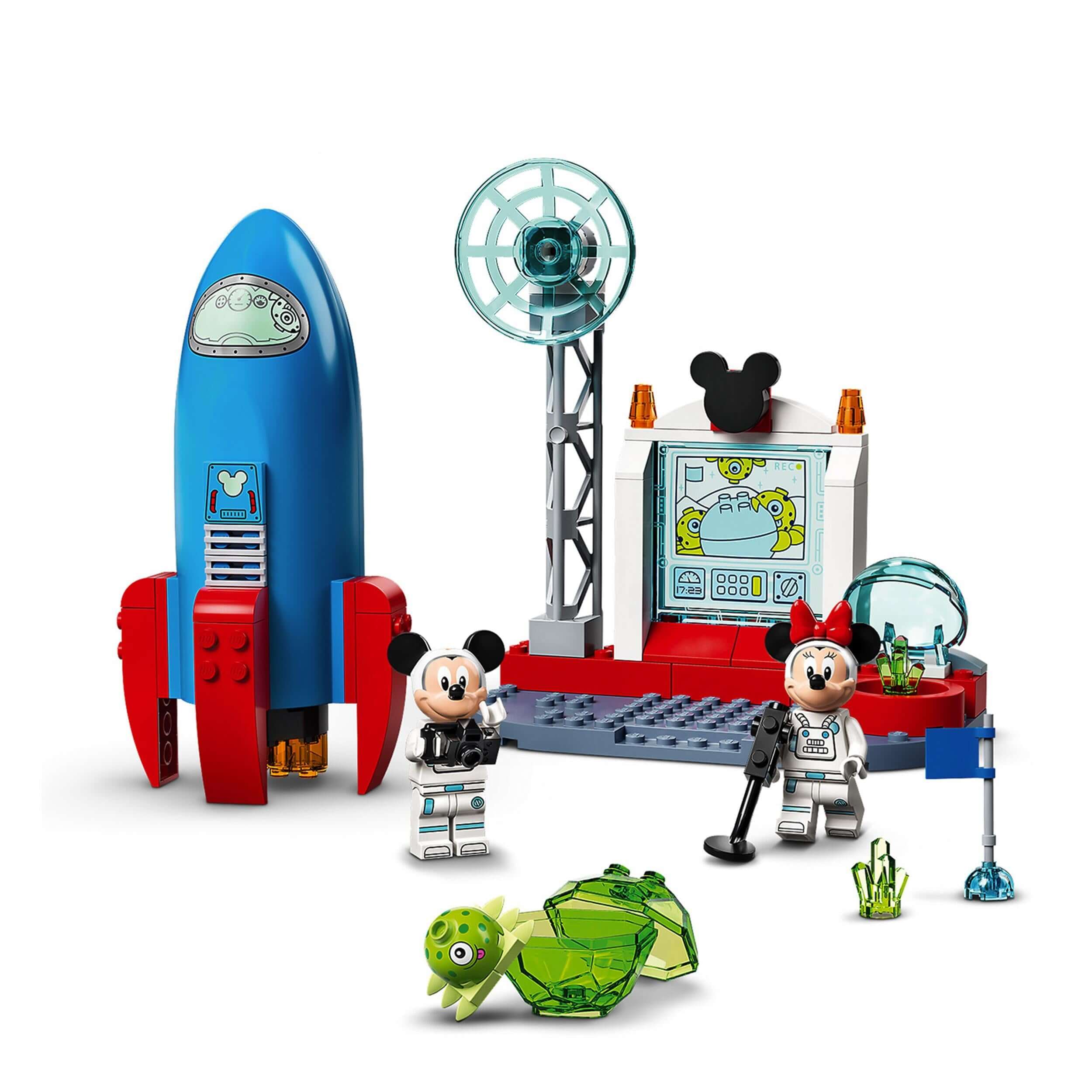 LEGO Disney Mickey & Minnie Mouse Space Rocket 10774 set with rocket, minifigures, space station, and alien figure.