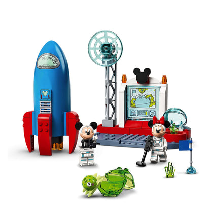 LEGO Disney Mickey & Minnie Mouse Space Rocket 10774 set with rocket, minifigures, space station, and alien figure.