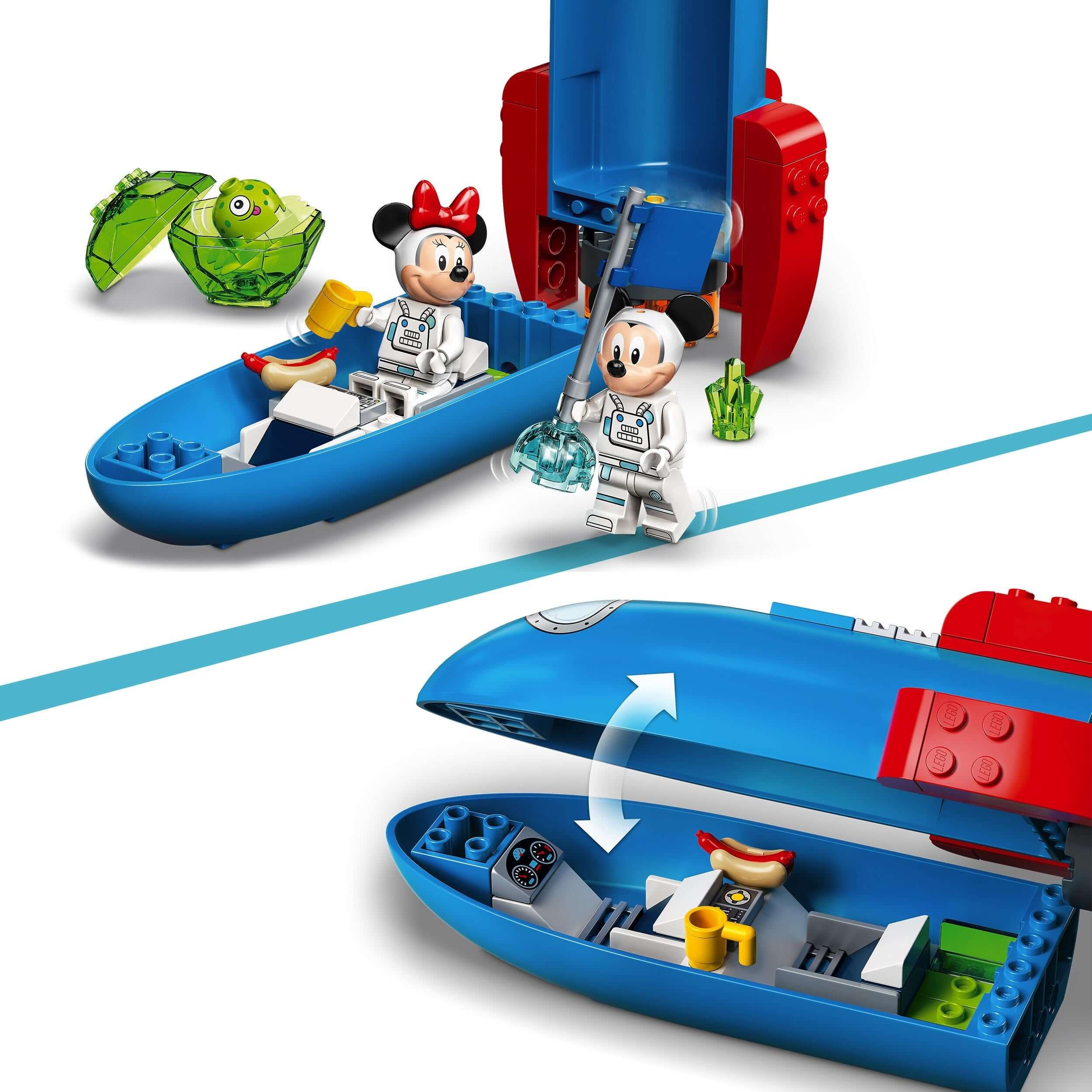 LEGO® Disney Mickey & Minnie Mouse Space Rocket 10774 featuring minifigures in a rocket and space station environment.