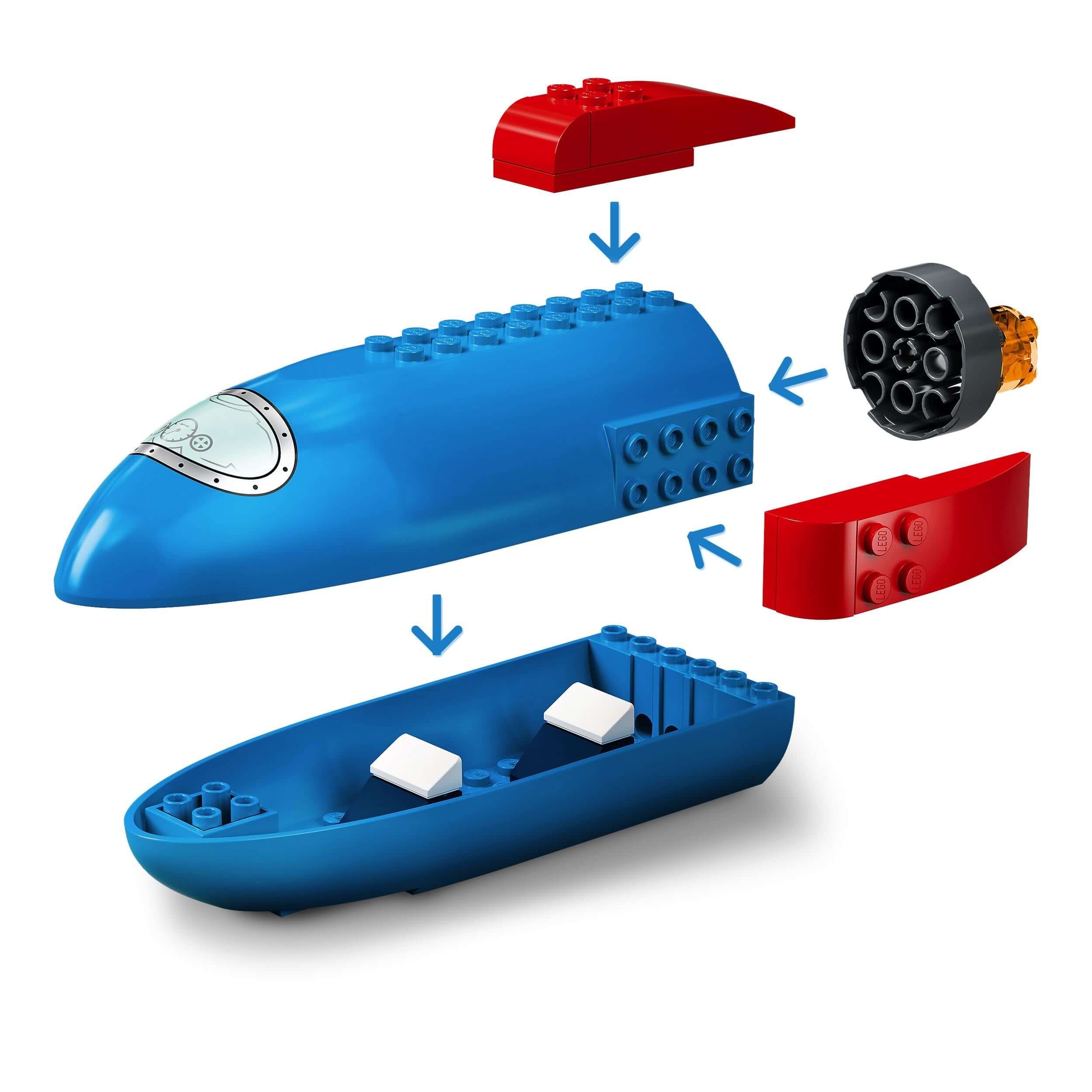 Exploded view of LEGO® blue boat set with various colored bricks and components for building.