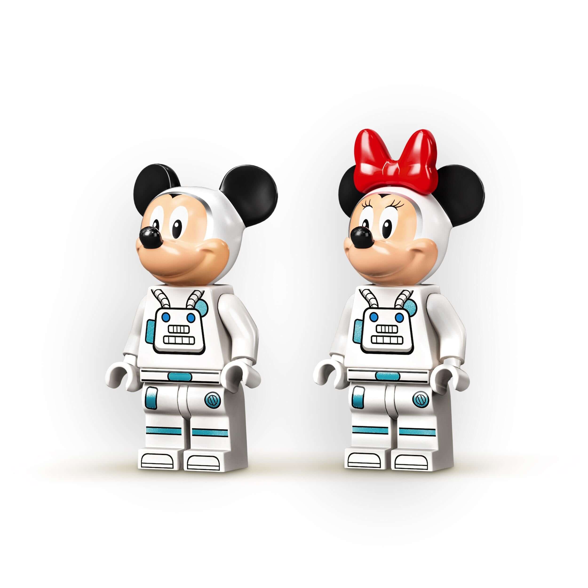 Mickey and Minnie Mouse LEGO® minifigures in space suits, perfect for imaginative play and building fun.