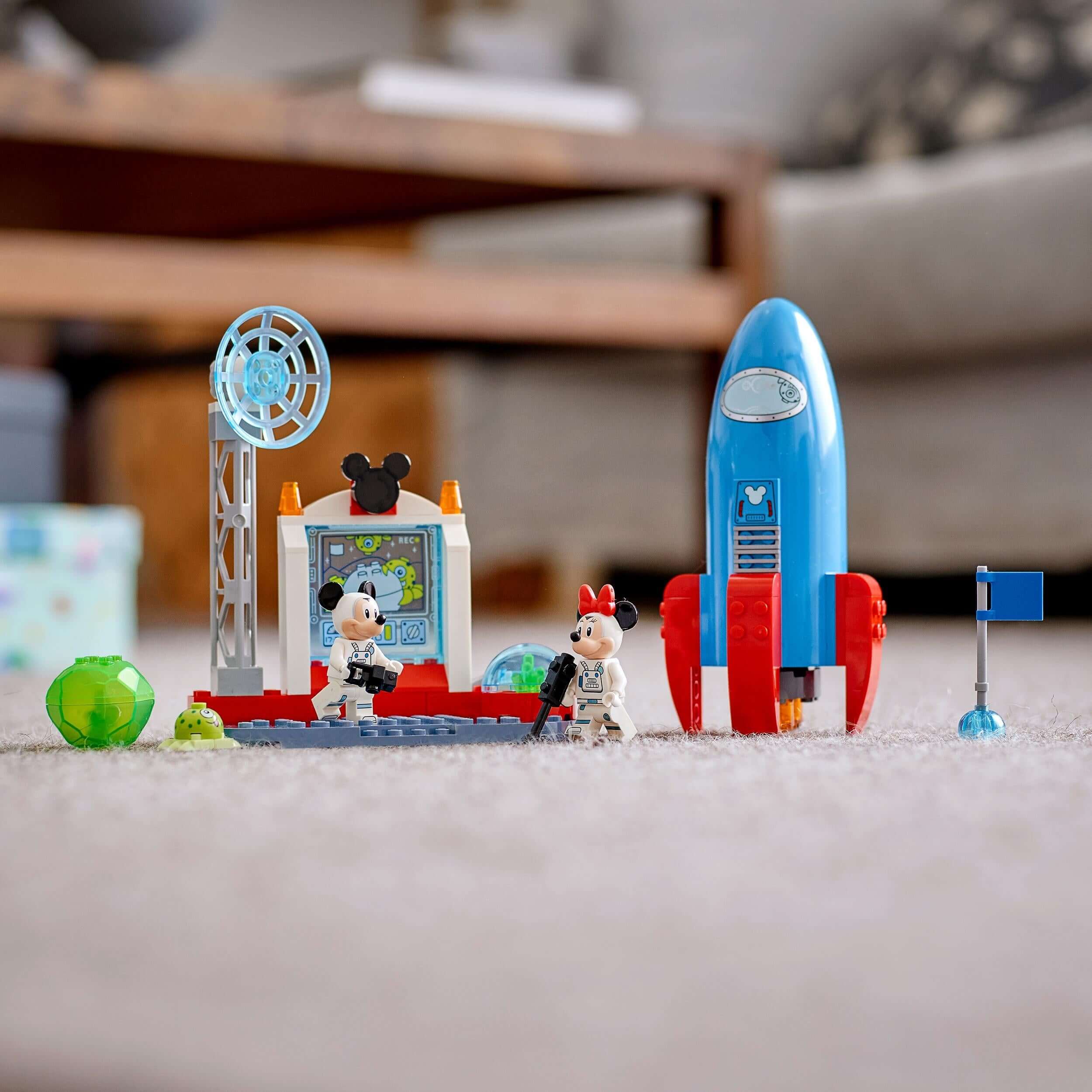 LEGO Disney Mickey & Minnie Mouse Space Rocket set with minifigures, rocket, space station, and colorful rocks.