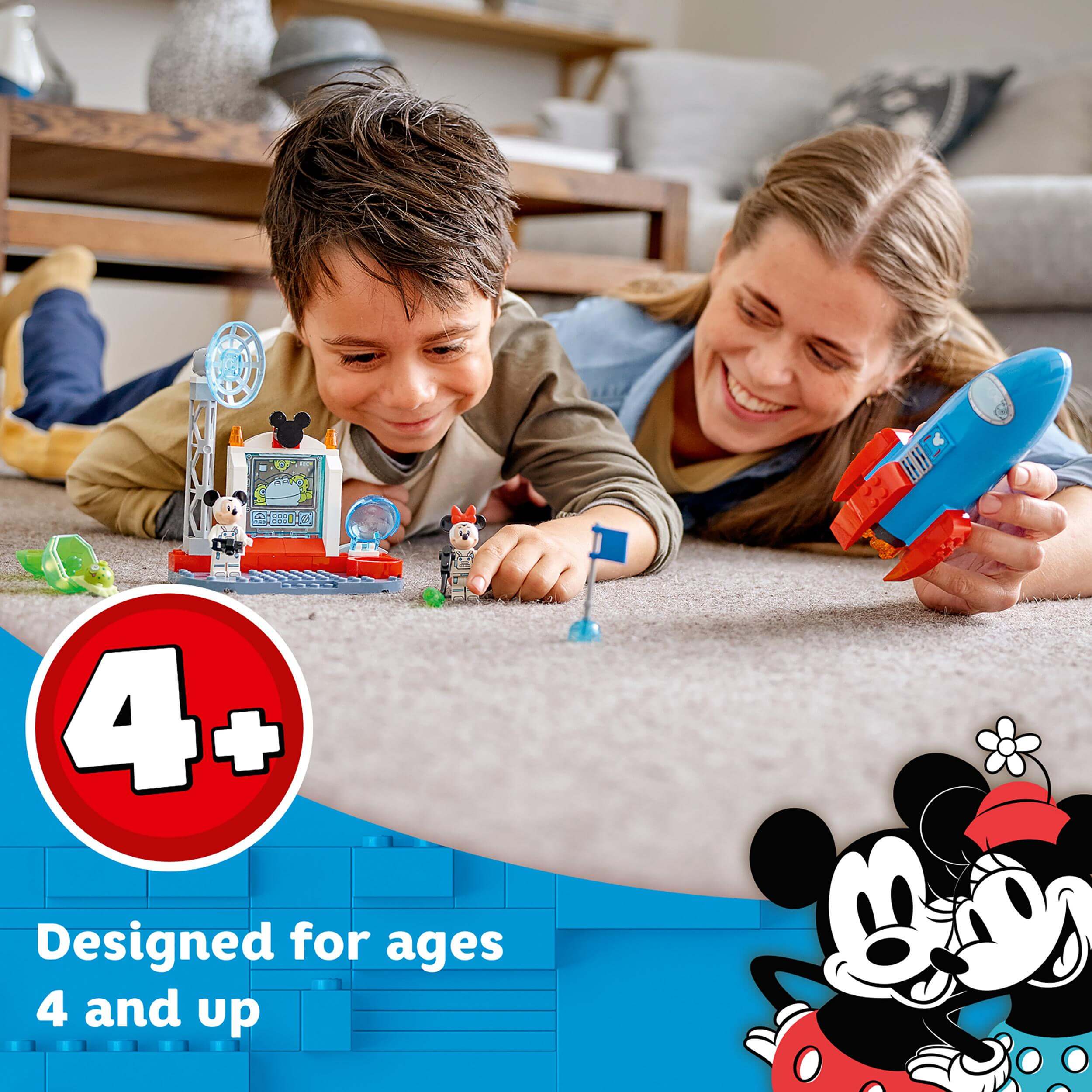 Kids enjoying the LEGO® Disney Mickey & Minnie Mouse Space Rocket set, designed for ages 4 and up, featuring fun space play.