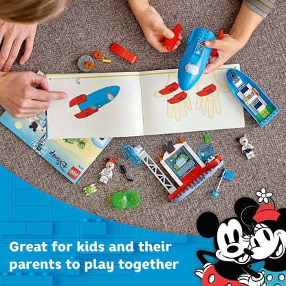 LEGO Disney Mickey & Minnie Mouse Space Rocket set, kids building together with minifigures and colorful pieces.
