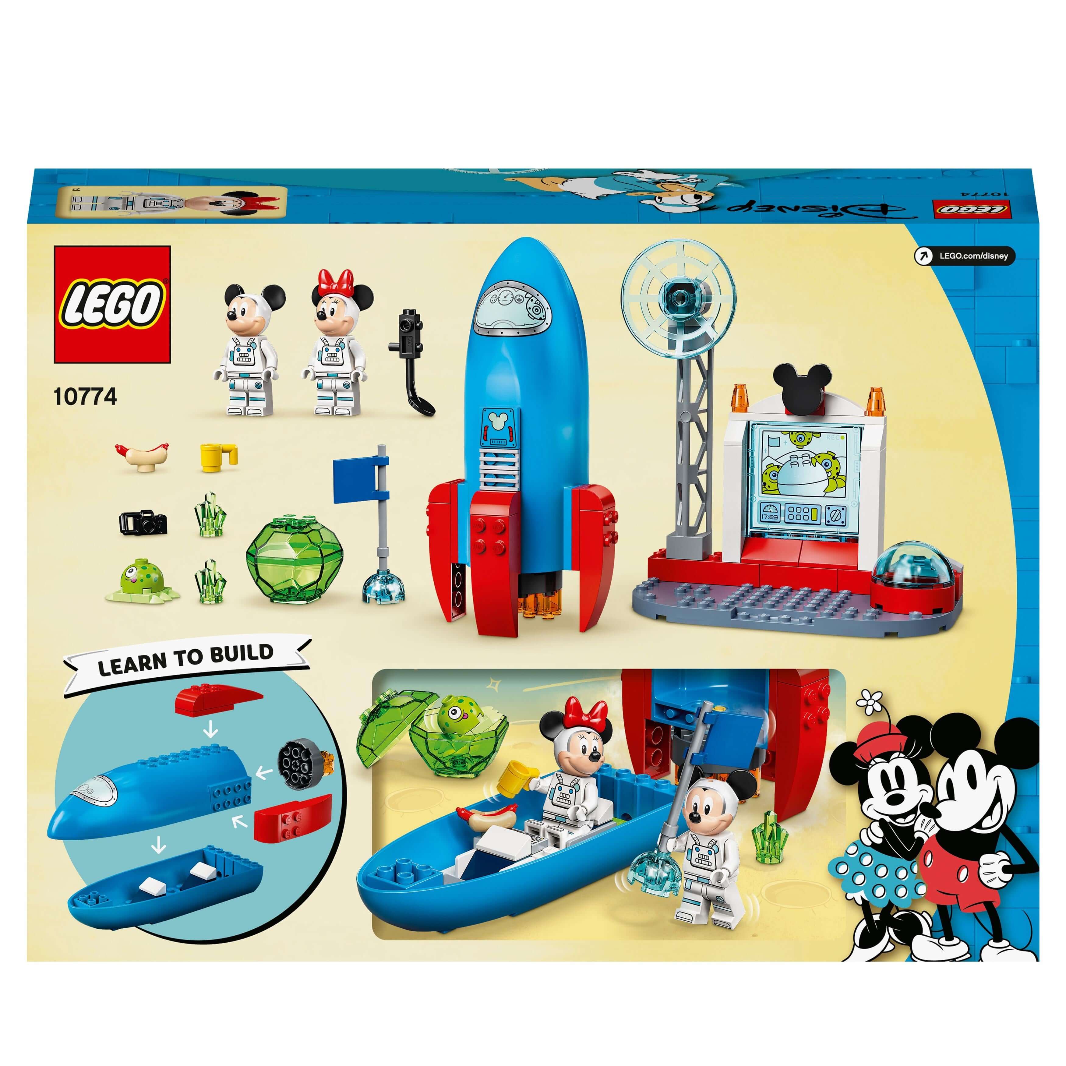 LEGO Disney Mickey & Minnie Mouse Space Rocket 10774 set with rocket, space station, minifigures, and transparent rocks.
