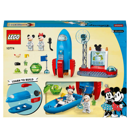 LEGO Disney Mickey & Minnie Mouse Space Rocket 10774 set with rocket, space station, minifigures, and transparent rocks.