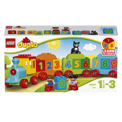LEGO DUPLO Number Train Set 10847 featuring colorful train, number blocks, and playful characters for early counting skills.