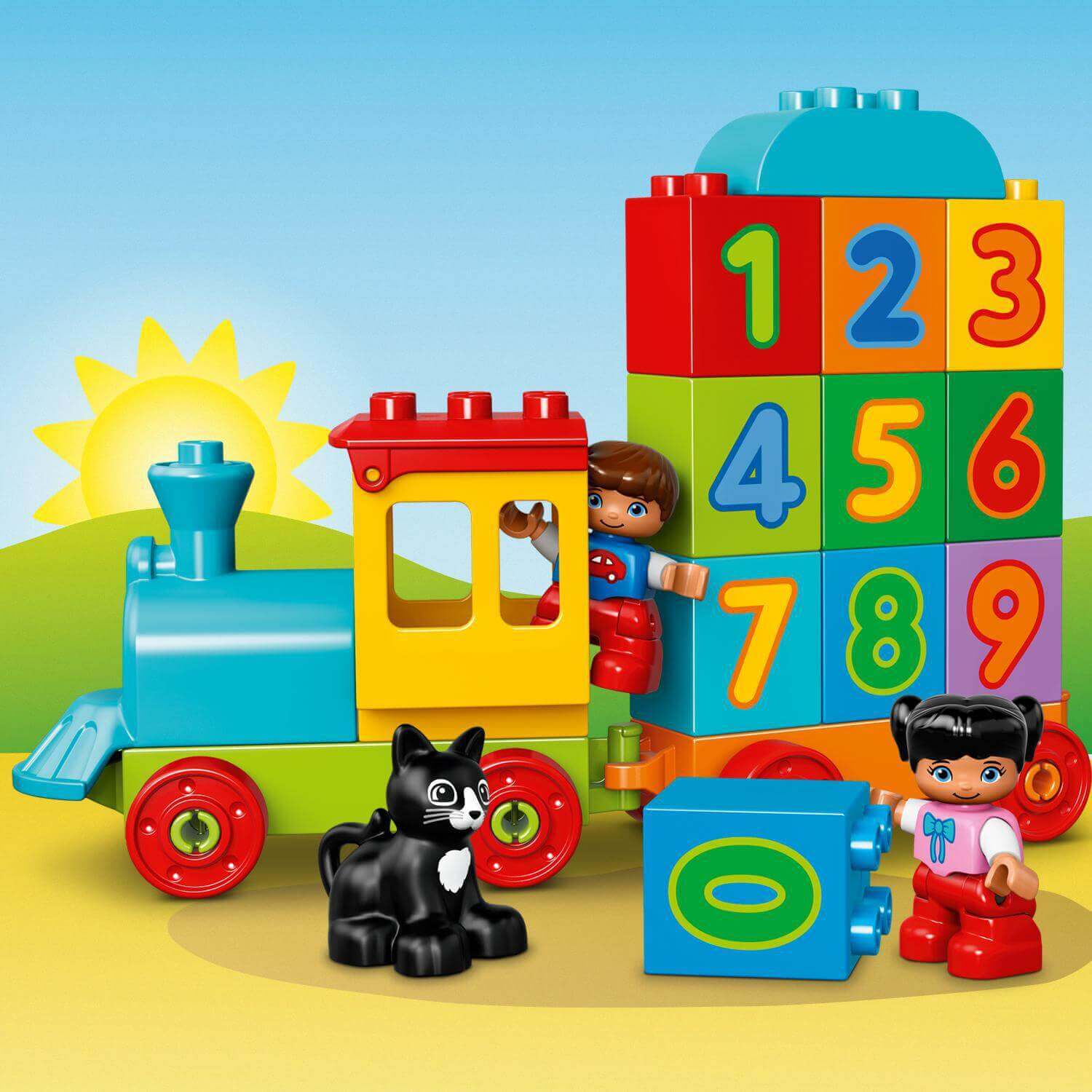 Colorful LEGO® DUPLO Number Train set with children playing, featuring blocks for number recognition and counting.