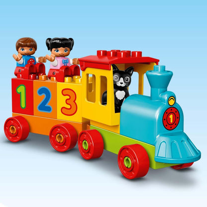 Colorful LEGO® DUPLO Number Train set with children and a cat, promoting early counting skills and fun play.