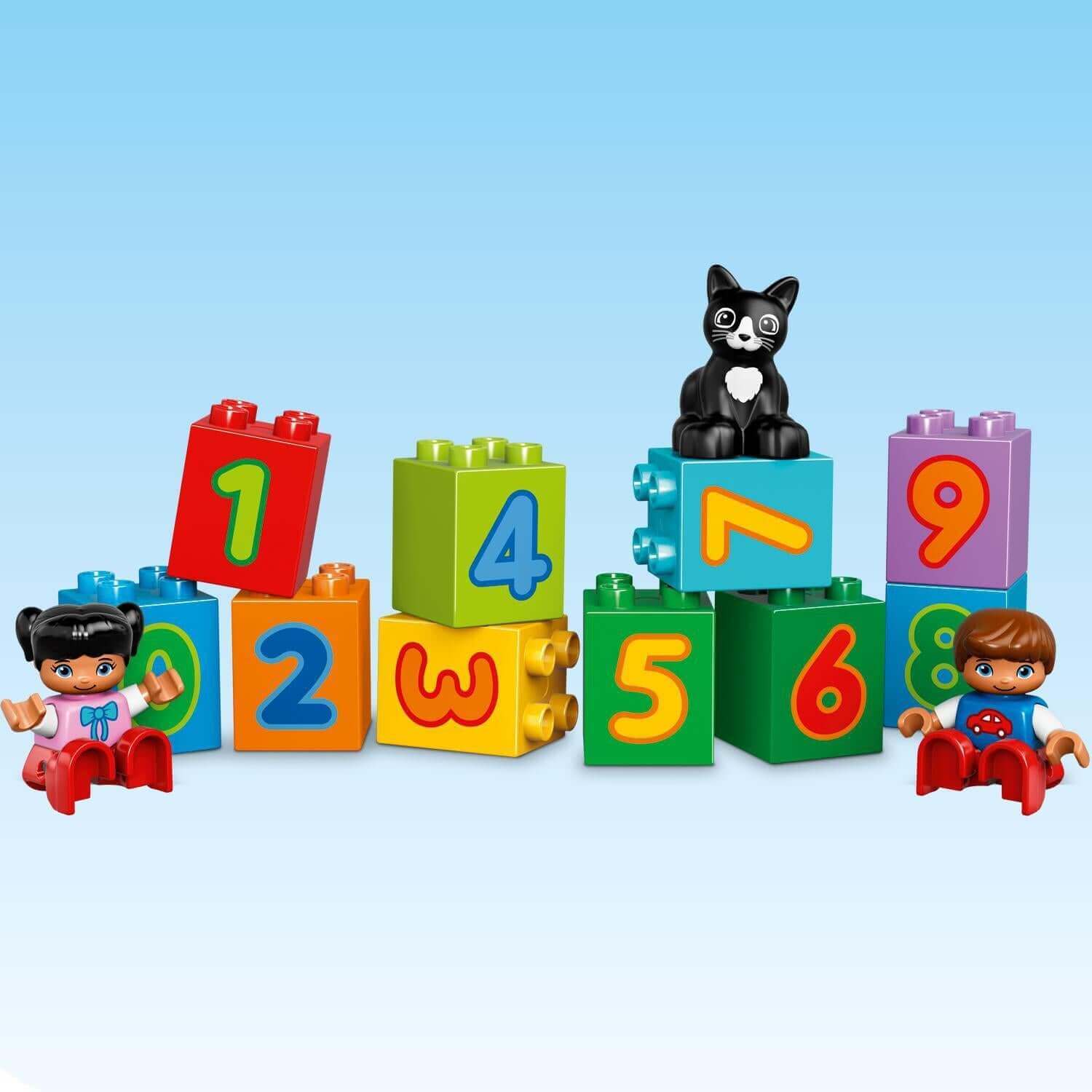 LEGO® DUPLO Number Train set with colorful building blocks, children, and a cat for early counting skills.