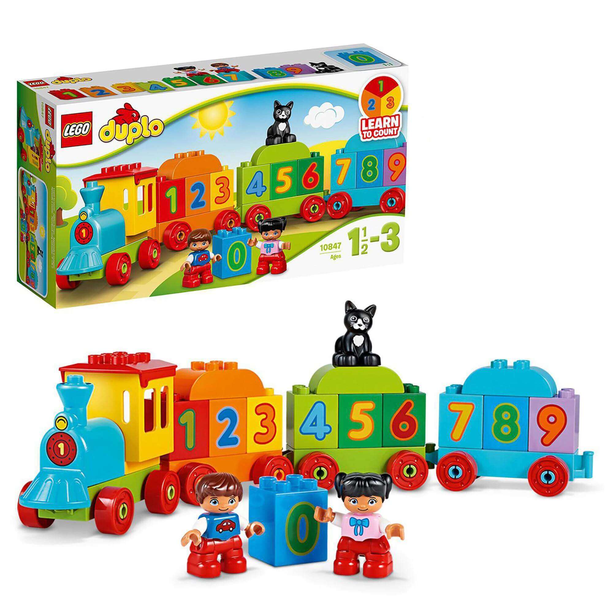 LEGO DUPLO Number Train Set 10847 with colorful train, blocks, and kids learning numbers and counting.