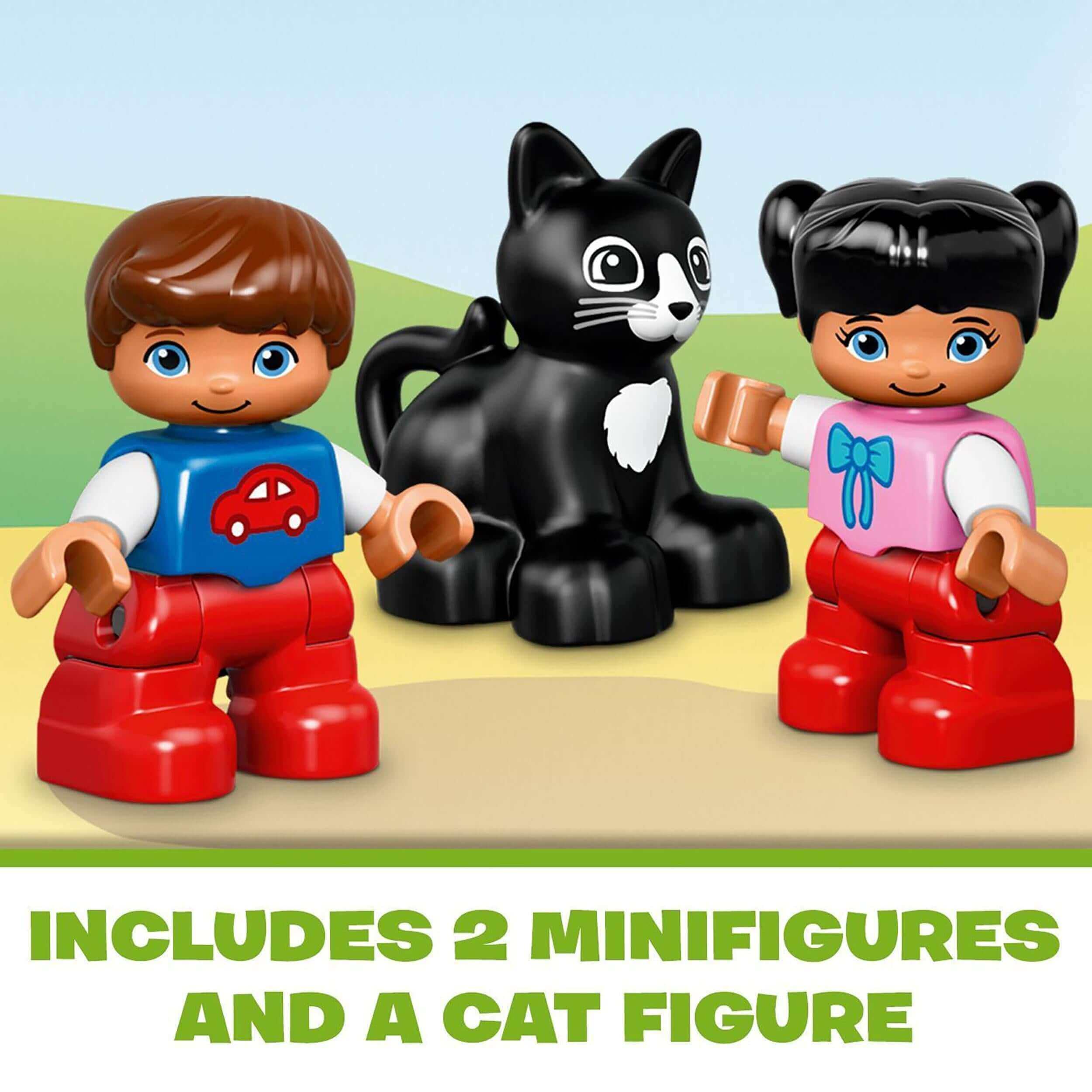 LEGO DUPLO set featuring 2 minifigures and a black cat figure, perfect for imaginative play and early learning.