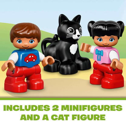 LEGO DUPLO set featuring 2 minifigures and a black cat figure, perfect for imaginative play and early learning.