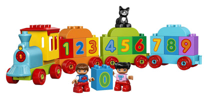 LEGO DUPLO Number Train set featuring colorful train cars, building blocks, and playful characters for early counting skills.
