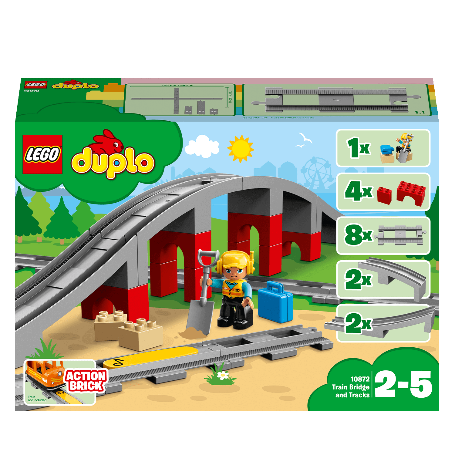 LEGO DUPLO Town Train Bridge and Tracks Set 10872, featuring a train bridge, tracks, and a builder figure.