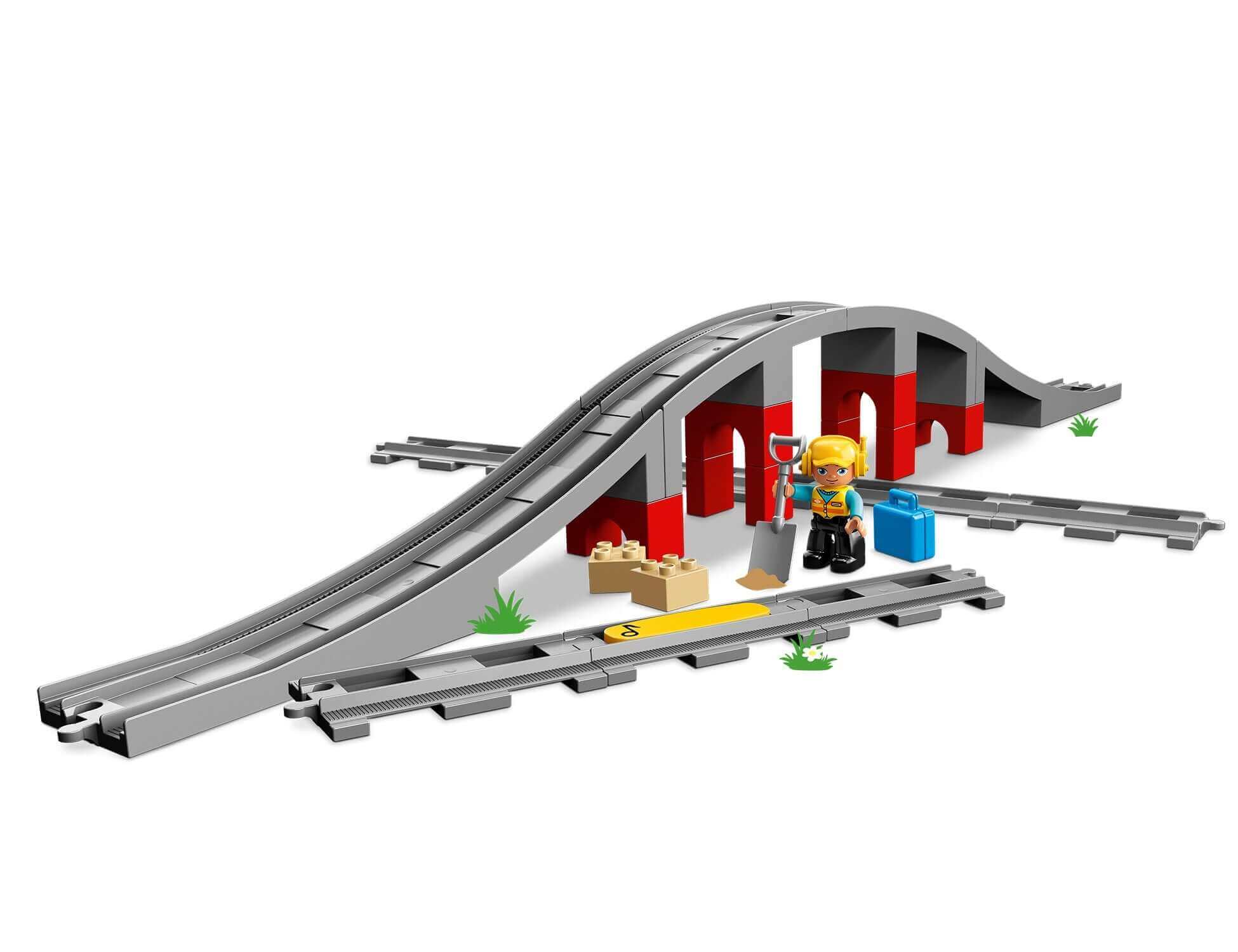 LEGO DUPLO Town Train Bridge and Tracks Set 10872 with track, worker figure, and construction accessories