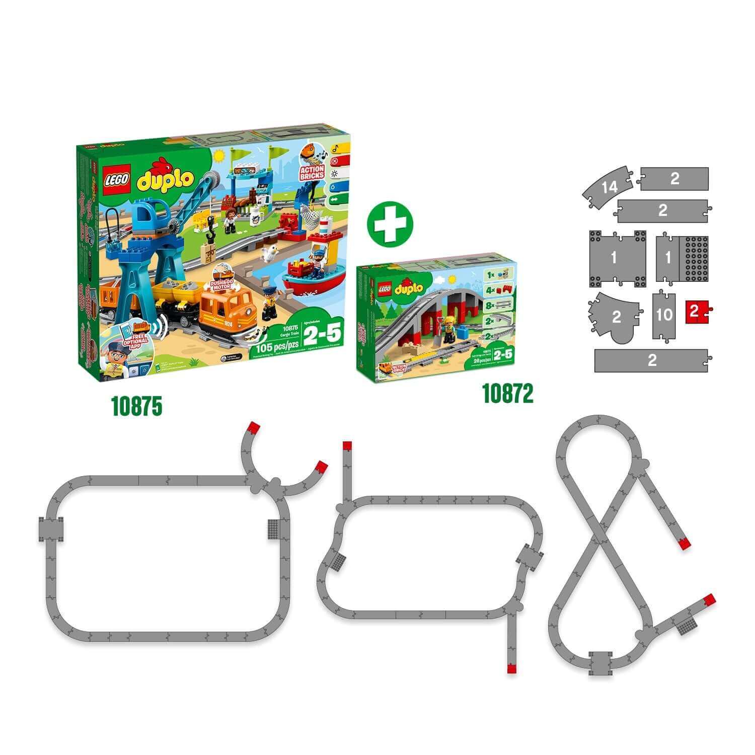 LEGO® DUPLO Town Train Bridge and Tracks Set 10872 with included track pieces and packaging, ideal for ages 2-6.