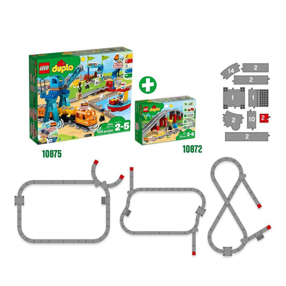 LEGO® DUPLO Town Train Bridge and Tracks Set 10872 with included track pieces and packaging, ideal for ages 2-6.