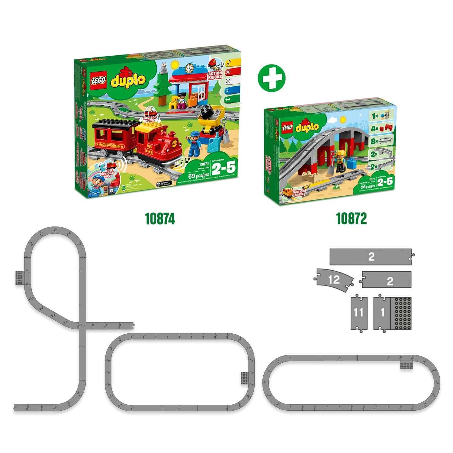 LEGO® DUPLO Town Train Bridge and Tracks Set 10872 with additional track pieces and two colorful playset boxes.