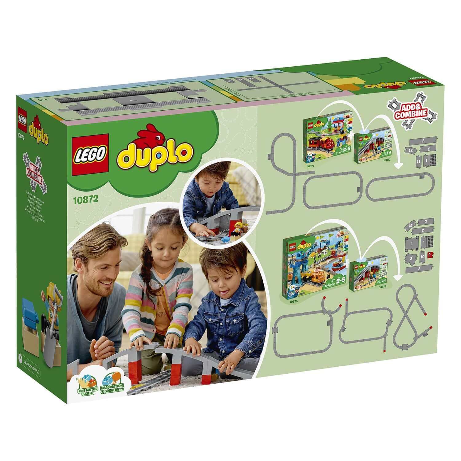 LEGO DUPLO Town Train Bridge and Tracks Set 10872, featuring children playing with colorful building blocks.