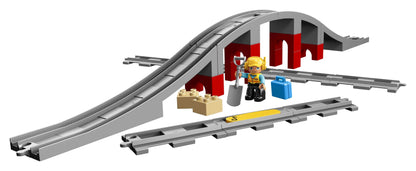 LEGO DUPLO Town Train Bridge and Tracks Set 10872 with tracks, bridge, and train figure accessories.