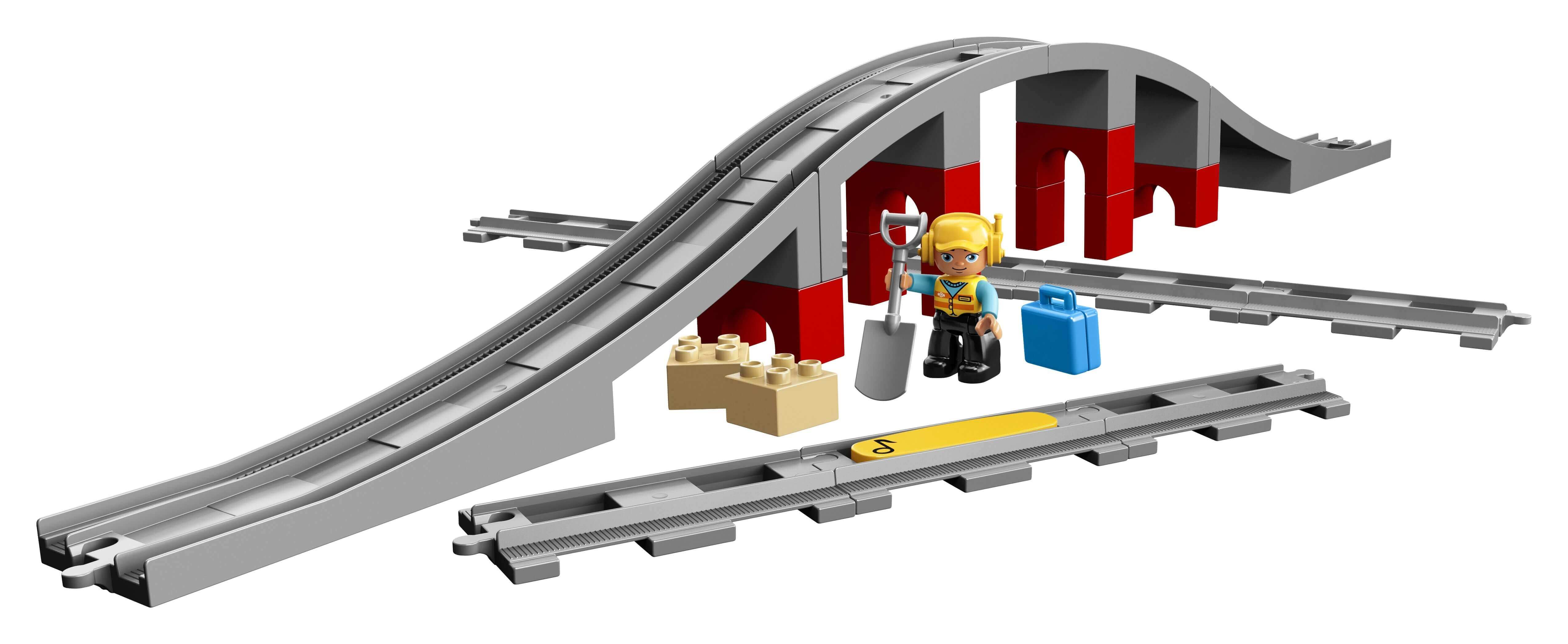 LEGO DUPLO Town Train Bridge and Tracks Set 10872 with tracks, bridge, and train figure accessories.